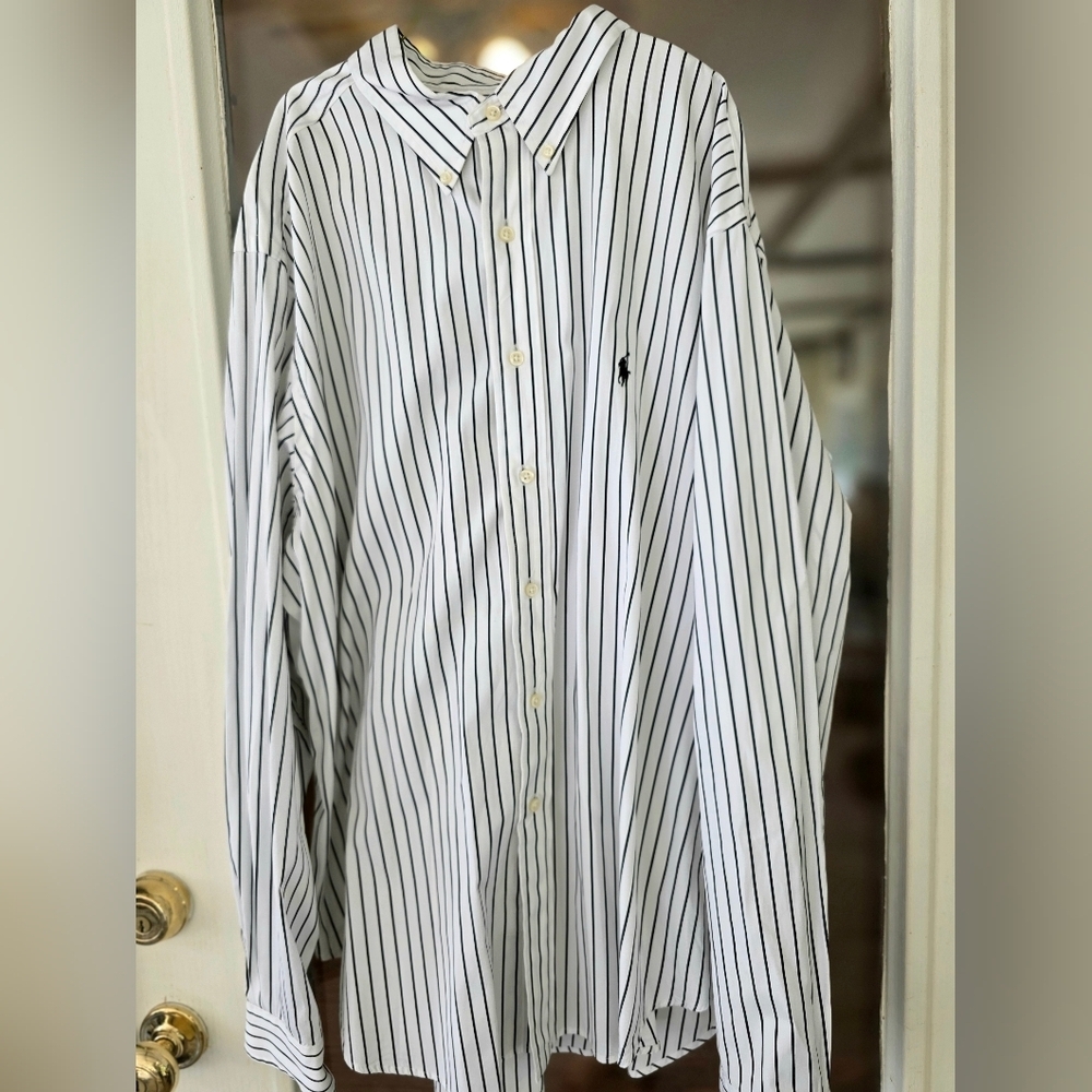 EUC Ralph Lauren Men's White Navy Striped Button Down Dress 18 36/37 Shirt